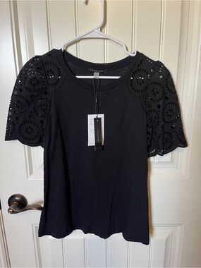 T Tahari Black Eyelet Puff Sleeve Tee
